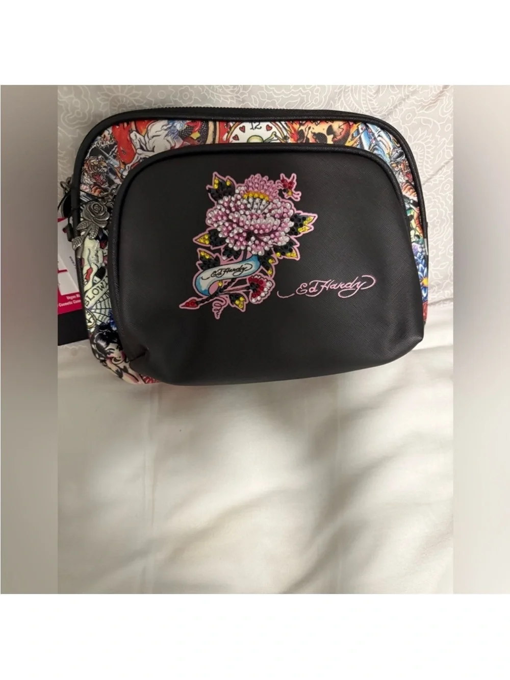 Ed Hardy Black and Pink Floral Cosmetic Bag set. NWT